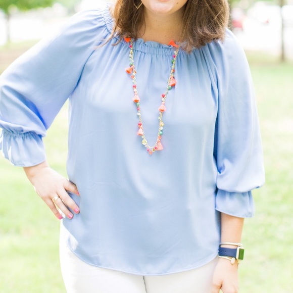 Talbots blue ruffle neck and sleeve blouse - Picture 2 of 2